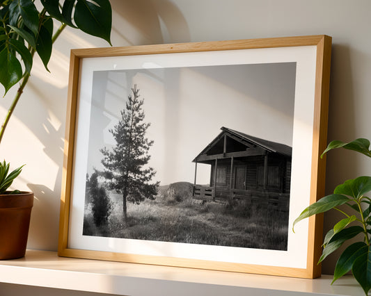 Cabin in the woods - Serene Black & White Print on Fine Art Paper